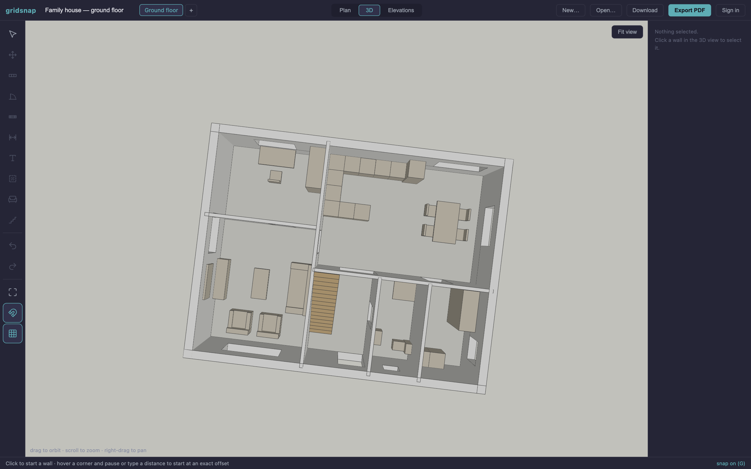 The same floor plan as a 3D model with real door and window openings and a roof