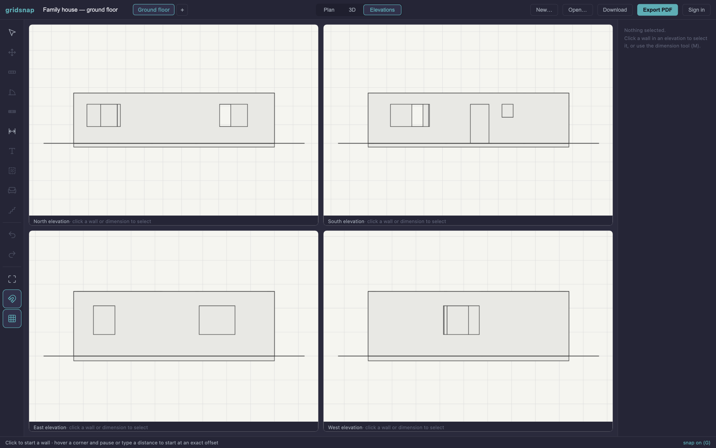 Automatically generated north, south, east and west elevations of the same floor plan