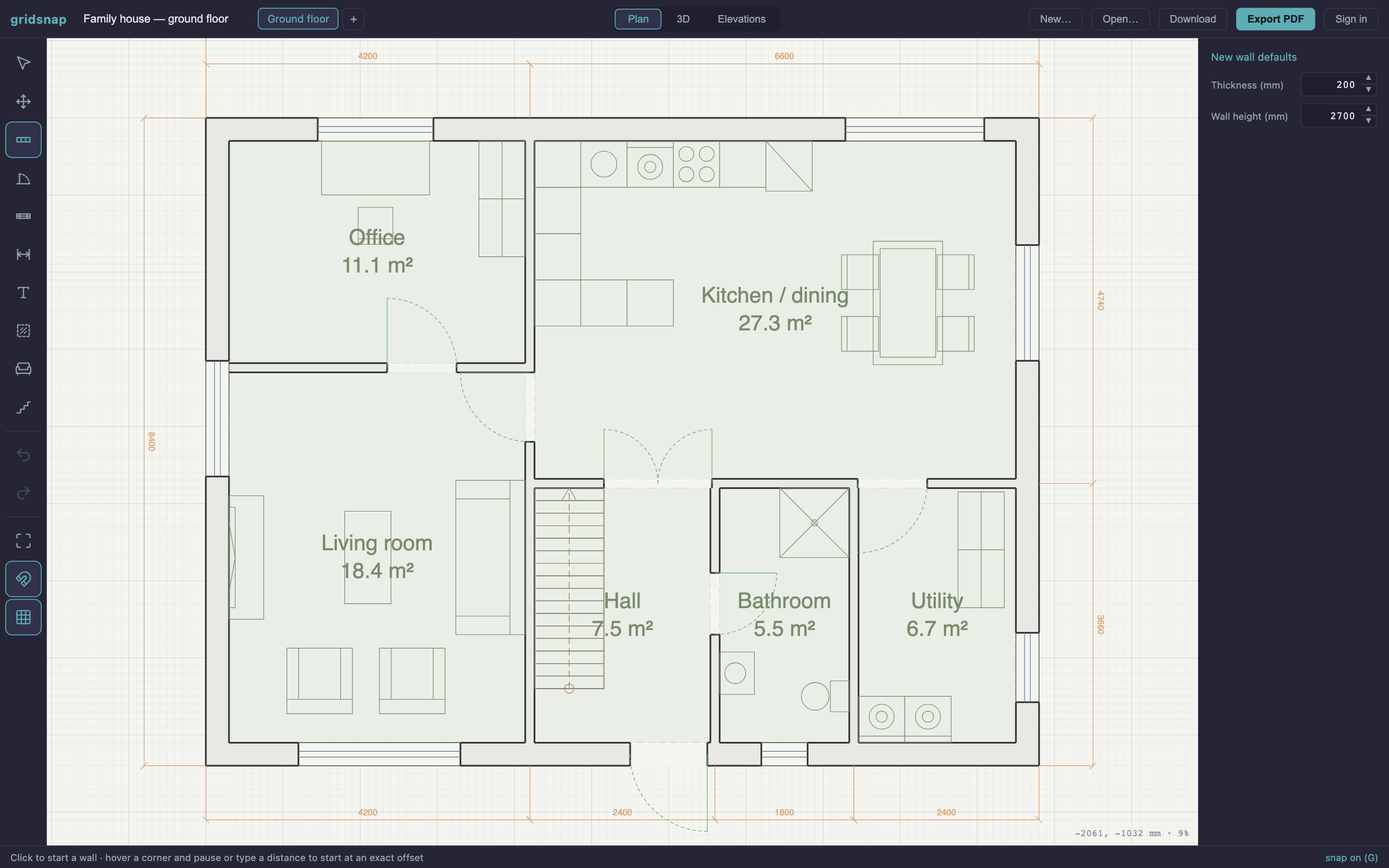 Gridsnap floor plan editor showing a house layout with walls, doors, windows, dimensions, and furniture