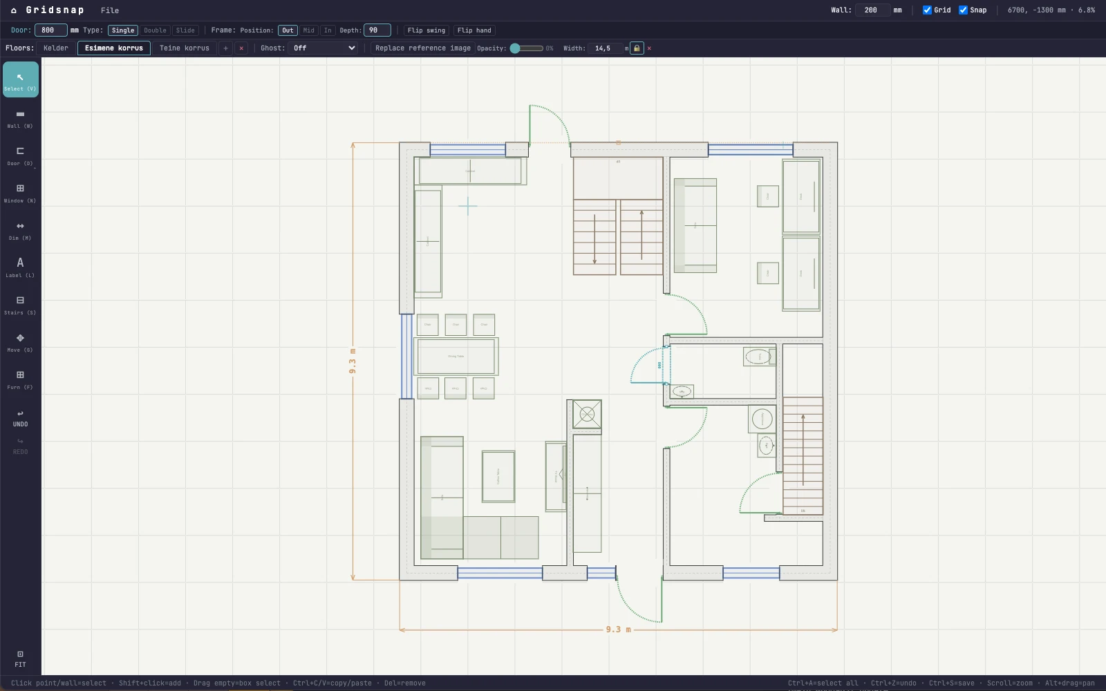 Gridsnap floor plan editor showing a house layout with walls, doors, windows, dimensions, and furniture