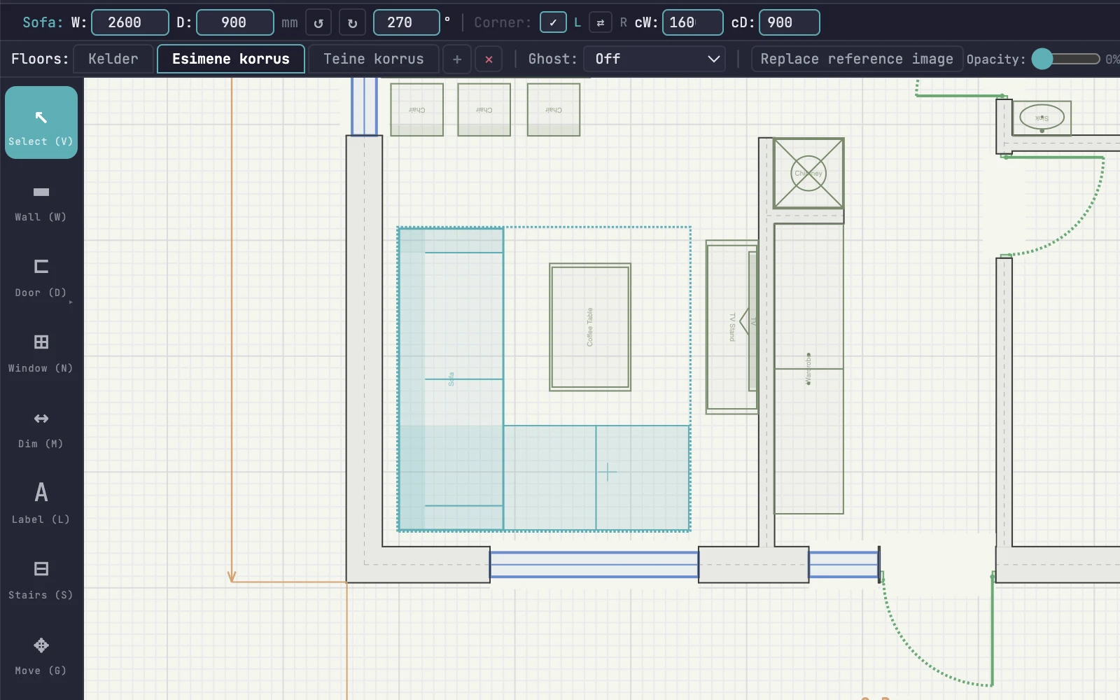 Furniture catalog panel with sofas, tables, beds, and kitchen appliances ready to drag onto the floor plan
