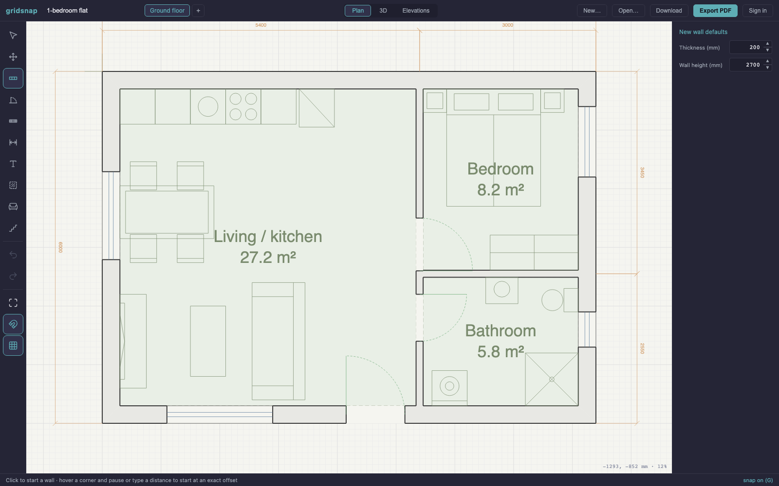 A one-bedroom flat floor plan in the Gridsnap editor with a straight single-wall kitchen run — fridge, worktop, sink and hob along the top wall of the living/kitchen room — with dimensions and room areas shown