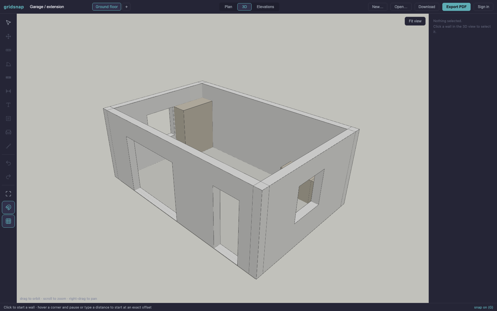 3D view of the garage floor plan showing the door openings, windows and storage