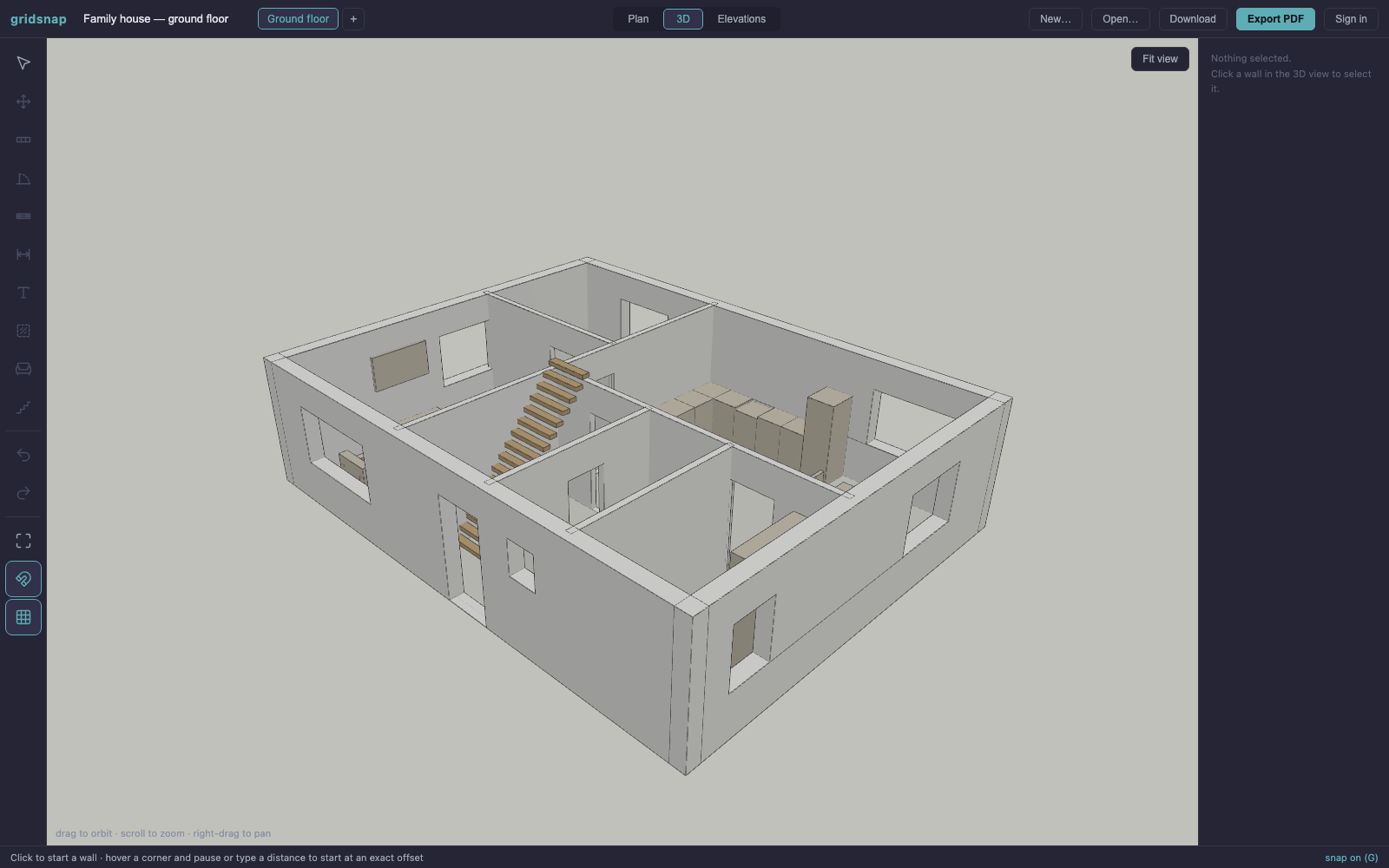 3D view of the family house ground floor plan showing the staircase, room divisions and furniture