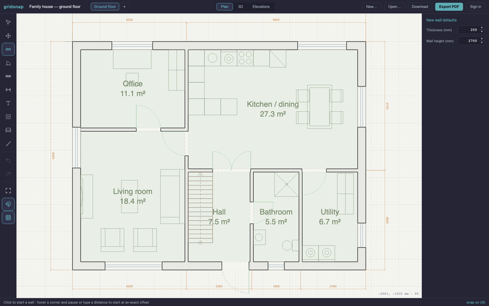 Family house ground floor plan, 10.8 by 8.4 metres, with kitchen/dining, living room, office, hall with staircase, bathroom and utility room