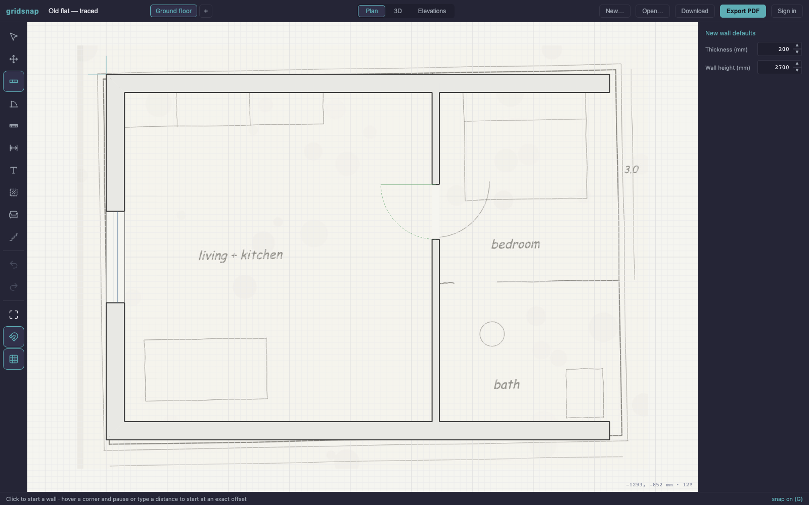 A scanned pencil floor plan as a faded underlay in Gridsnap, with crisp CAD walls, a door and a window already traced over the left half